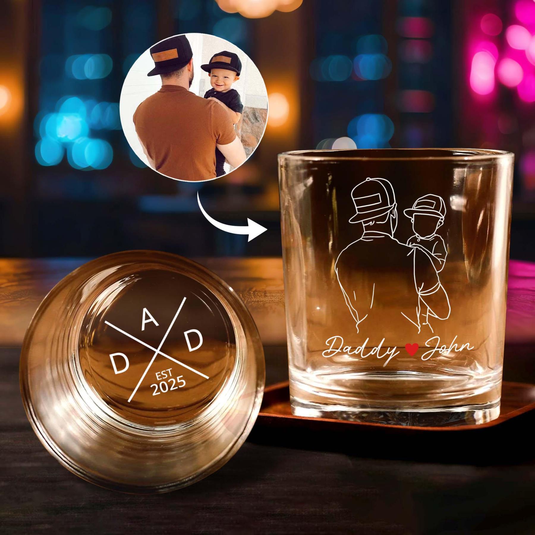 Personalized Fathers Day Gifts Whiskey Glass, Custom Portrait Outline Gift For Dad, First Time Dad Gift, Dad Established 2025 Whiskey Glass