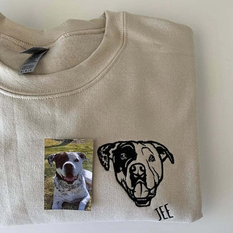 Custom Dog Dad Sweatshirt Embroidered Pet Face Name Portraits Photo on Sleeve