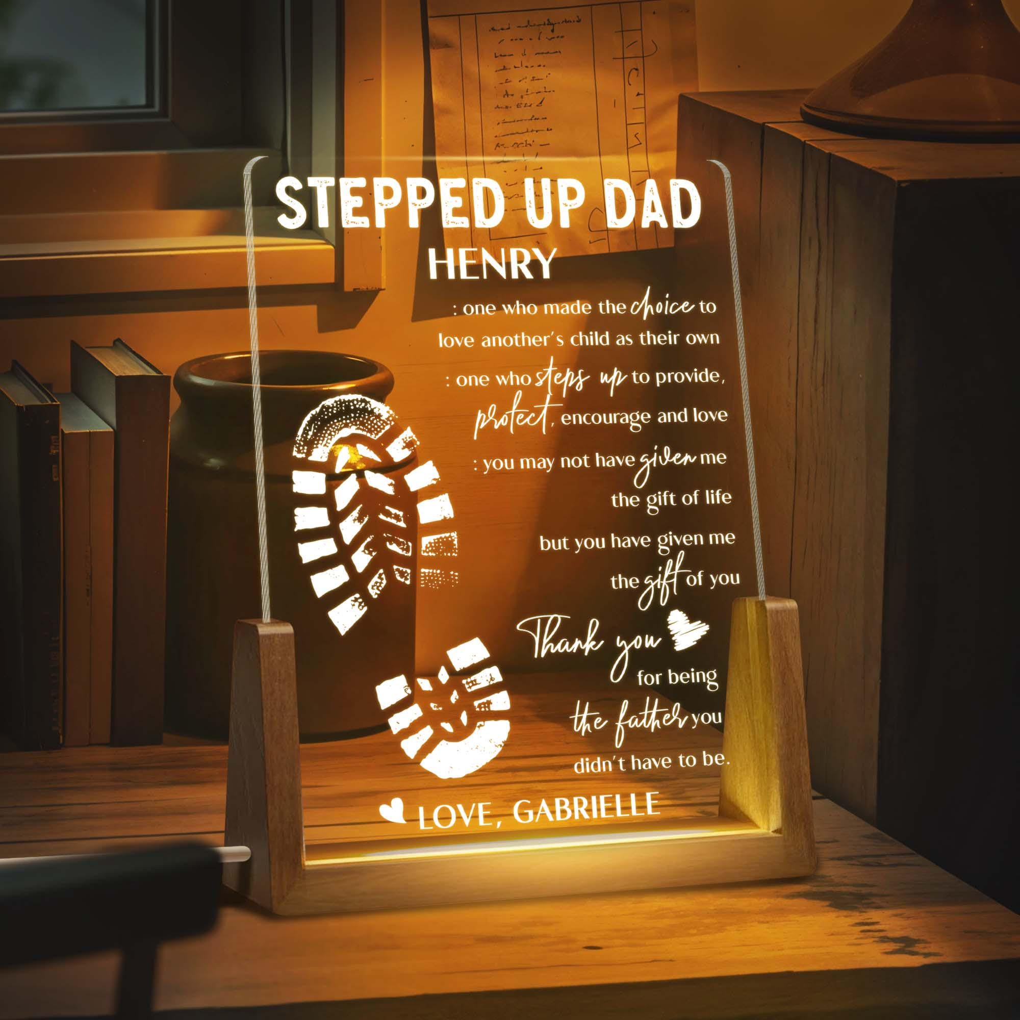 Stepped Up Dad Personalized Gift Led Night Light, Father's Day Gifts From Kids Custom Desk Name, Step Dad Fathers Day Gift, Bonus Dad Gift