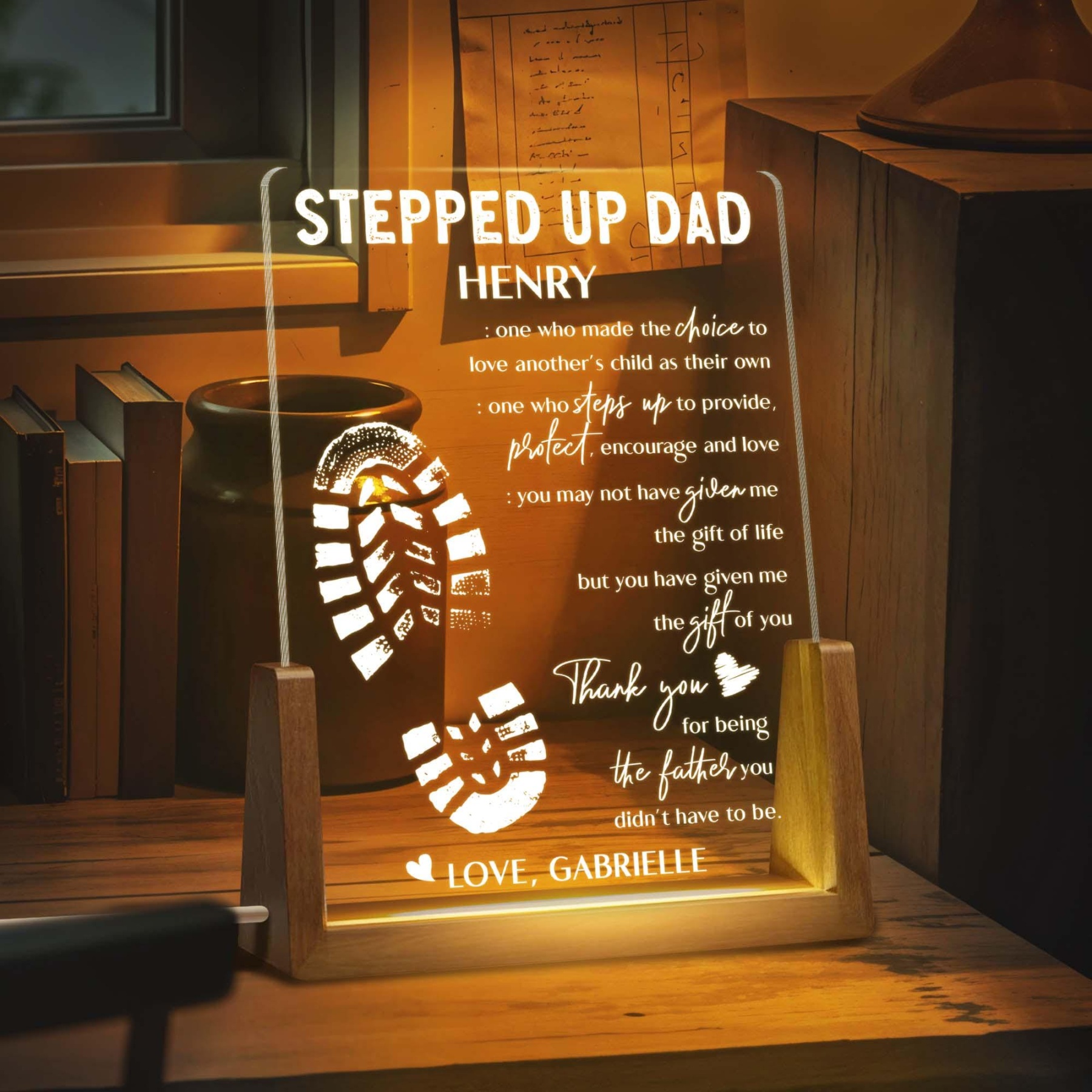 Stepped Up Dad Personalized Gift Led Night Light, Father's Day Gifts From Kids Custom Desk Name, Step Dad Fathers Day Gift, Bonus Dad Gift