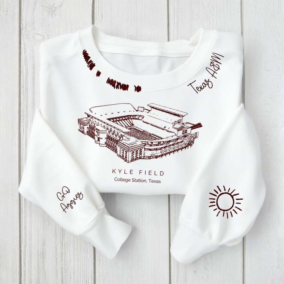 Kyle Field - Texas A&M Aggies football Unisex Distressed Monogram Collar Sleeve Embroidery Chain Stitch Sweatshirt