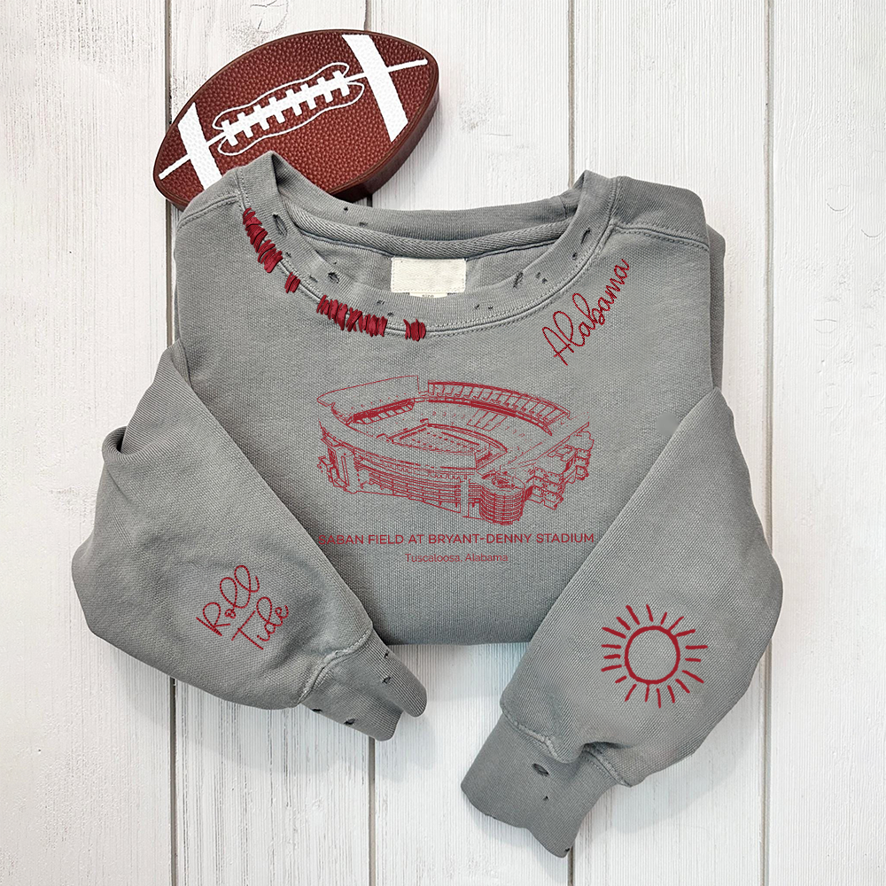 Saban Field at Bryant-Denny Stadium - Alabama Crimson Tide football Unisex Distressed Monogram Collar Sleeve Embroidery Chain Stitch Sweatshirt