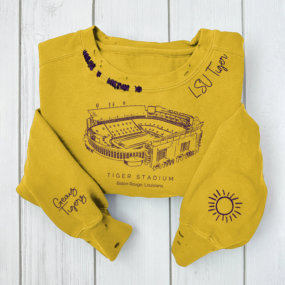 Tiger Stadium (LSU) - LSU Tigers football Unisex Distressed Monogram Collar Sleeve Embroidery Chain Stitch Sweatshirt