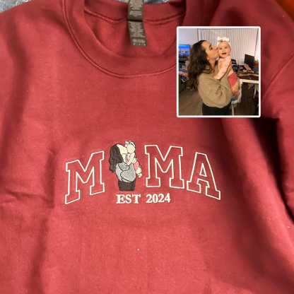 Mama Sweatshirt with Photo, Custom Embroidered Hoodie Mama and Kids Portrait, Varsity Shirt, Custom Embroidery Shirt For Mom Mama Mommy-Creatgifts