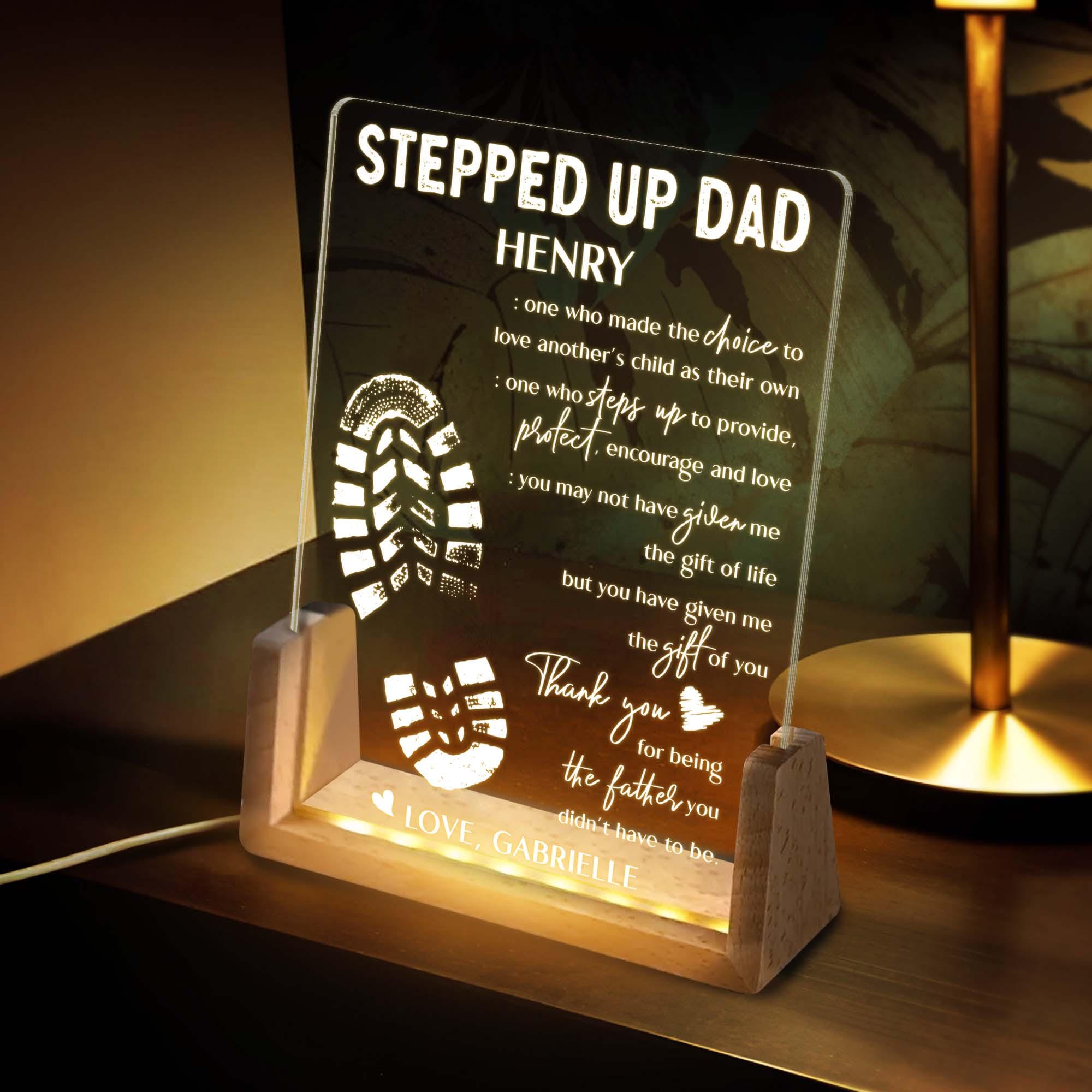 Stepped Up Dad Personalized Gift Led Night Light, Father's Day Gifts From Kids Custom Desk Name, Step Dad Fathers Day Gift, Bonus Dad Gift