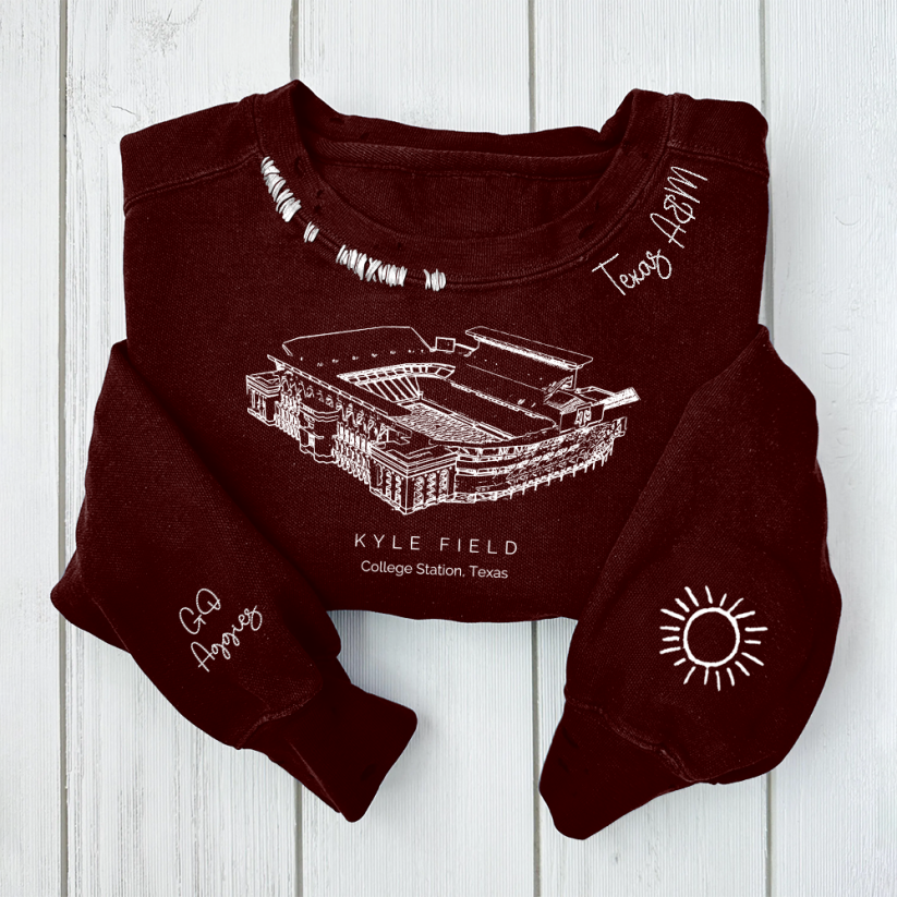 Kyle Field - Texas A&M Aggies football Unisex Distressed Monogram Collar Sleeve Embroidery Chain Stitch Sweatshirt