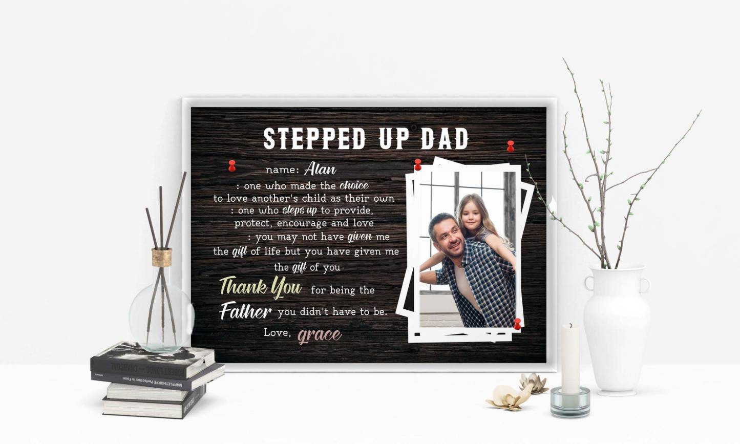 Personalized Dads Photo Poster, Stepped Up Dad Canvas With Kids Name, Step Dad Photo Wall Art, Fathers Day Gift For Bonus Dad, Thank You Dad