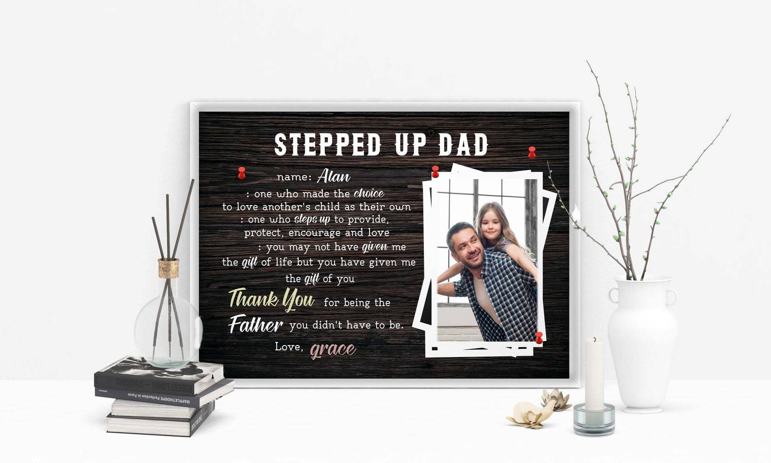 Personalized Dads Photo Poster, Stepped Up Dad Canvas With Kids Name, Step Dad Photo Wall Art, Fathers Day Gift For Bonus Dad, Thank You Dad