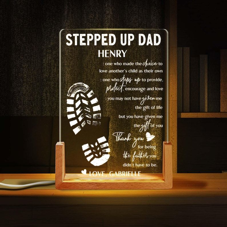 Stepped Up Dad Personalized Gift Led Night Light, Father's Day Gifts From Kids Custom Desk Name, Step Dad Fathers Day Gift, Bonus Dad Gift