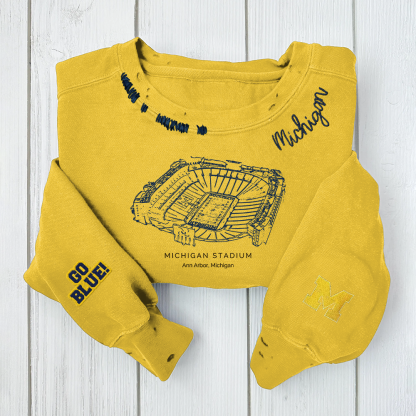 Michigan Stadium - Michigan Wolverines football Unisex Distressed Monogram Collar Sleeve Embroidery Chain Stitch Sweatshirt