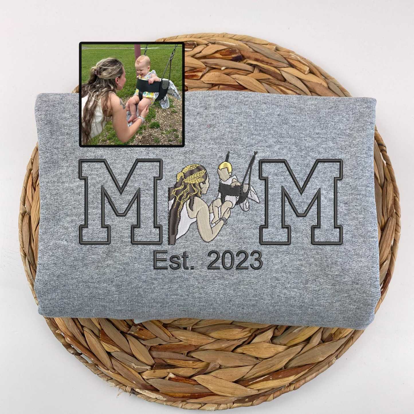 Mama Sweatshirt with Photo, Custom Embroidered Hoodie Mama and Kids Portrait, Varsity Shirt, Custom Embroidery Shirt For Mom Mama Mommy-Creatgifts