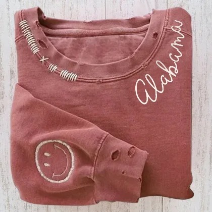 Custom Unisex Distressed Monogram Collar Sleeve Embroidery Chain Stitch Sweatshirt