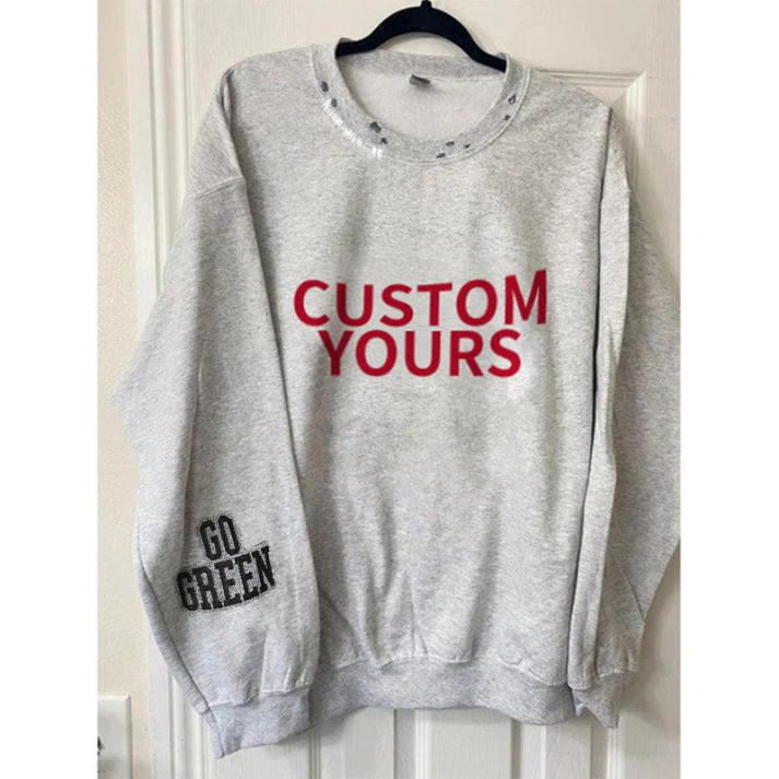 Custom Unisex Distressed Monogram Collar Sleeve Embroidery Chain Stitch Sweatshirt