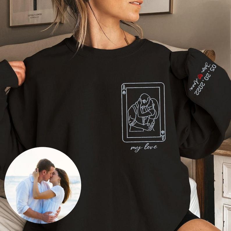 Custom Playing Cards Photo Couple Portrait Outline Embroidery Sweatshirt