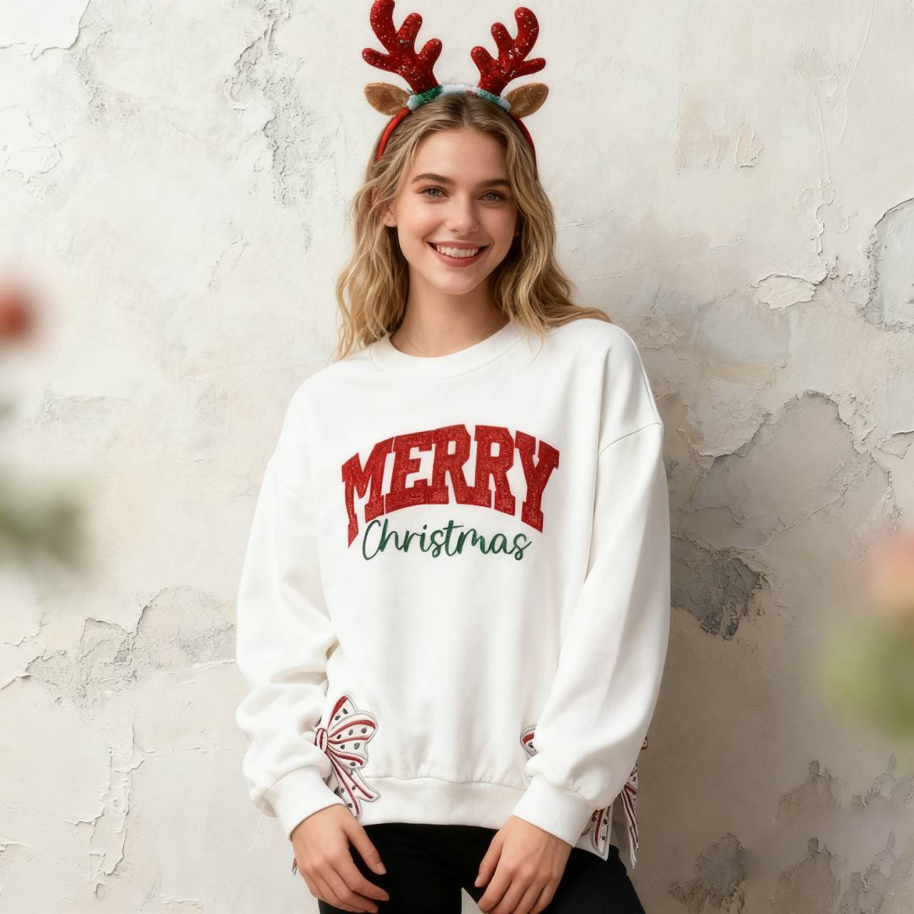 Custom Merry Christmas Glitter Sweatshirt with Bow, Holiday Outfit for Women
