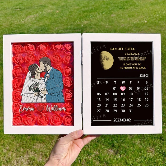 Custom Couple Portrait Flower Shadow Box With Moon Phase Calendar Frame