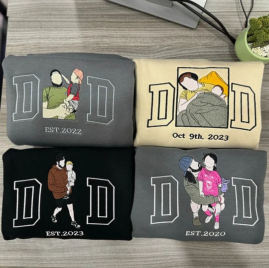 The Year He Became Dad – Custom Embroidered Portrait Sweatshirt or Tee