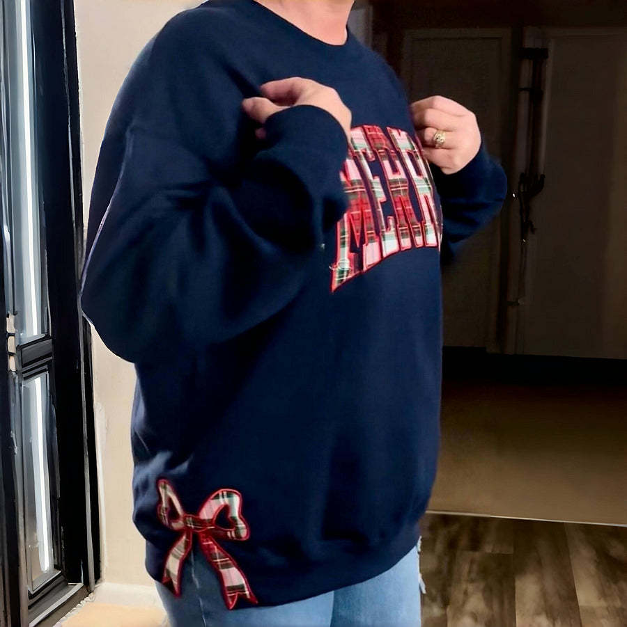 Trendy Merry Side Bow Cut-Out Sweatshirt - Cozy Plaid Christmas Pullover for Women