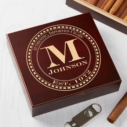 Father's Day Gift Gentleman's Seal Personalized Cherry Wood Cigar Humidor 20 Count