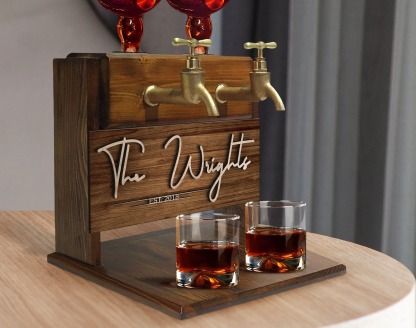 Personalized Embossed Family Name Wooden Double Faucet Whiskey Dispenser, Home Bar, Bar Decor, Wine, Vodka, Alcoholic Drink Fountain-Creatgifts