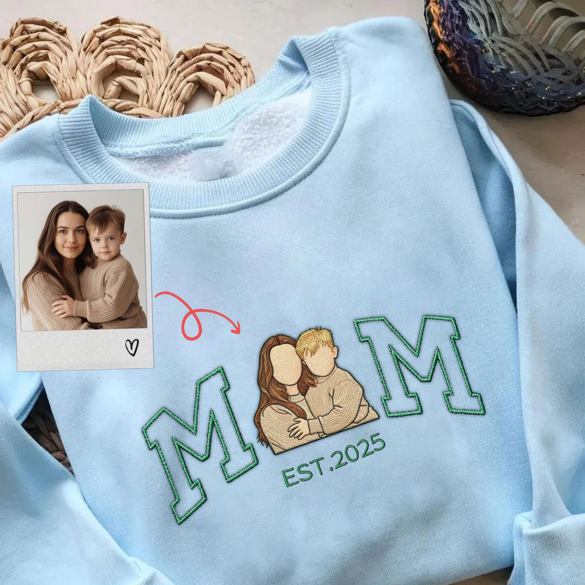 Custom Embroidered Portrait Sweatshirt , Mama/Mum & Kids Photo Design