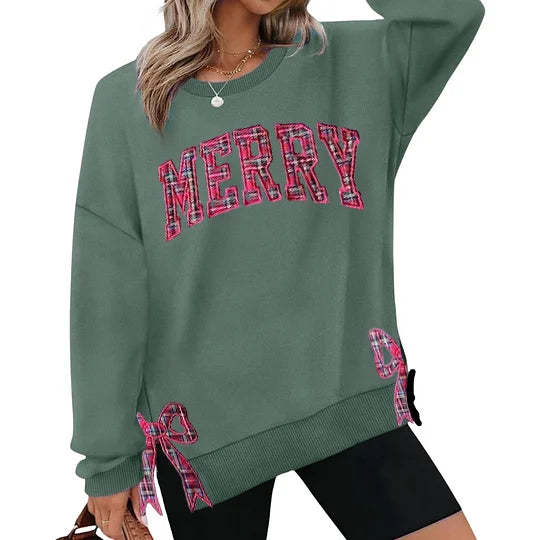 Trendy Merry Side Bow Cut-Out Sweatshirt - Cozy Plaid Christmas Pullover for Women
