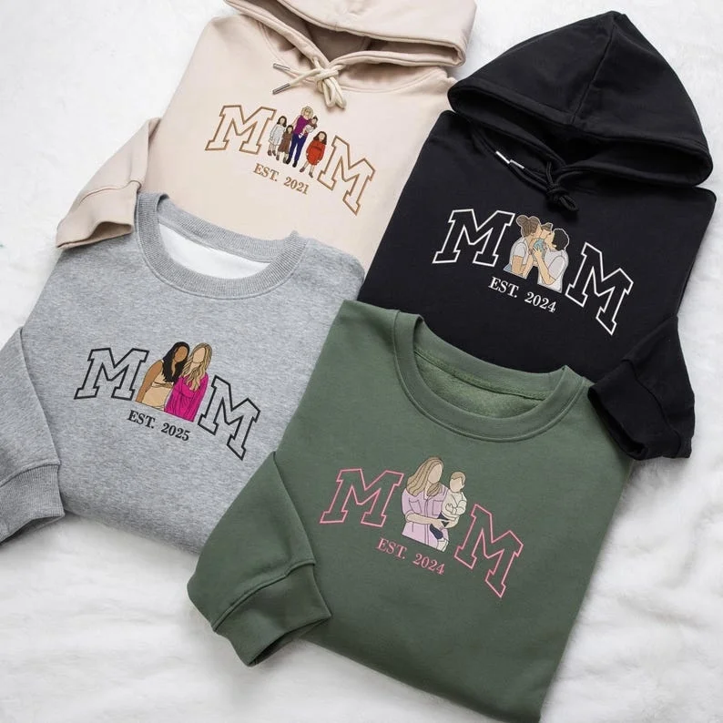 Embroidered Mum Sweatshirt with Photo, Mother's Day Gifts, Custom Embroidered Hoodie Mum and Kids Portrait Popular Now-Creatgifts