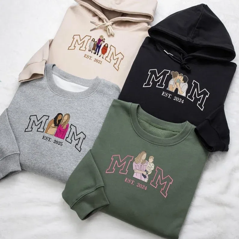 Embroidered Mum Sweatshirt with Photo, Mother's Day Gifts, Custom Embroidered Hoodie Mum and Kids Portrait Popular Now-Creatgifts