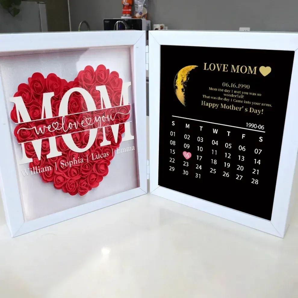 Personalized Flower Heart ShadowFlower Box , Custom Name Rose Frame , 