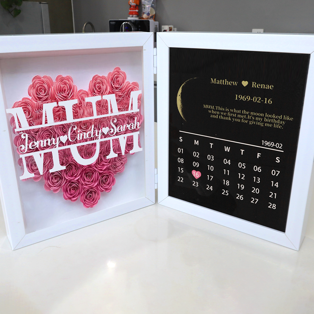 (Mum&Grandmum With Name) With REAL MOON PHASE Anniversary Calendar Custom flower frame