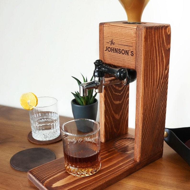 Wedding Gift Personalized Wooden Whiskey Decanter, Liquor Dispenser, Engagement Gift, Newlywed Gift, Couple First Christmas Gift Idea-Creatgifts