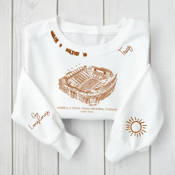 Darrell K Royal–Texas Memorial Stadium - Texas Longhorns football Unisex Distressed Monogram Collar Sleeve Embroidery Chain Stitch Sweatshirt