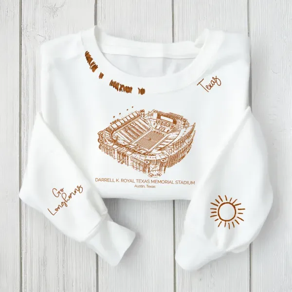Darrell K Royal–Texas Memorial Stadium - Texas Longhorns football Unisex Distressed Monogram Collar Sleeve Embroidery Chain Stitch Sweatshirt