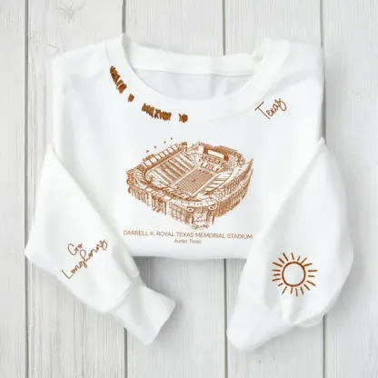 Darrell K Royal–Texas Memorial Stadium - Texas Longhorns football Unisex Distressed Monogram Collar Sleeve Embroidery Chain Stitch Sweatshirt