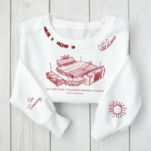 Gaylord Family Oklahoma Memorial Stadium - Oklahoma Sooners football Unisex Distressed Monogram Collar Sleeve Embroidery Chain Stitch Sweatshirt
