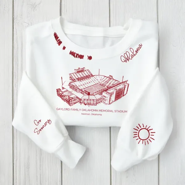 Gaylord Family Oklahoma Memorial Stadium - Oklahoma Sooners football Unisex Distressed Monogram Collar Sleeve Embroidery Chain Stitch Sweatshirt