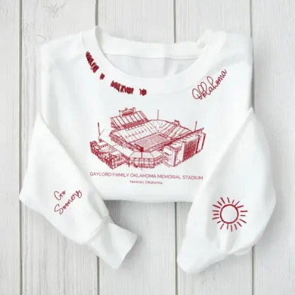 Gaylord Family Oklahoma Memorial Stadium - Oklahoma Sooners football Unisex Distressed Monogram Collar Sleeve Embroidery Chain Stitch Sweatshirt