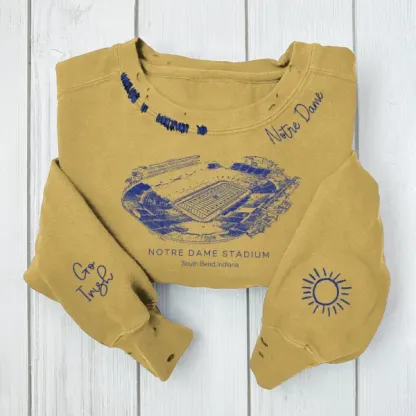 Notre Dame Stadium - Notre Dame Fighting Irish football Unisex Distressed Monogram Collar Sleeve Embroidery Chain Stitch Sweatshirt