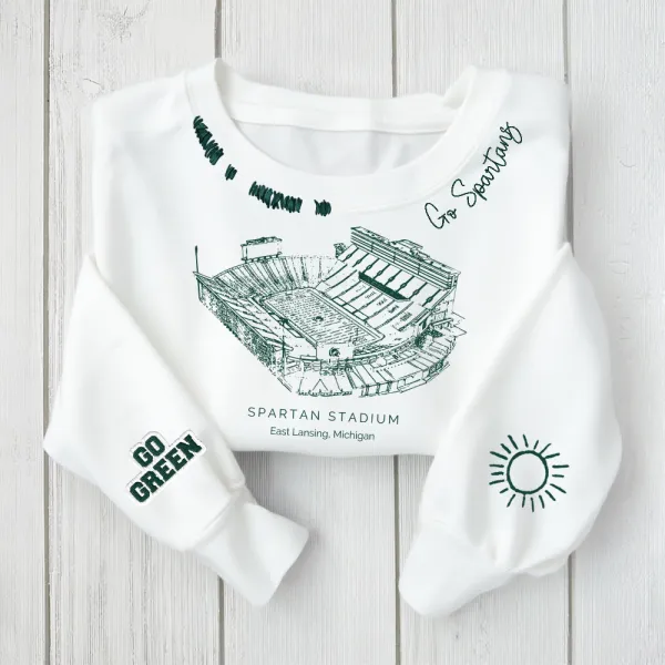 Spartan Stadium - Michigan State Spartans football Unisex Distressed Monogram Collar Sleeve Embroidery Chain Stitch Sweatshirt