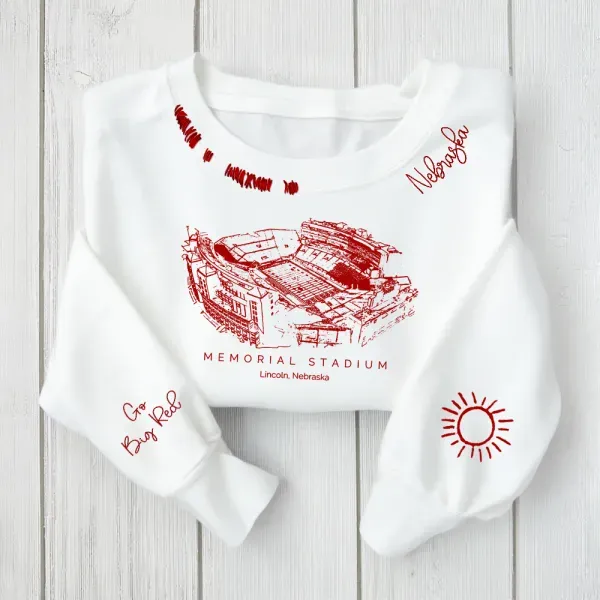 Memorial Stadium (Lincoln) - Nebraska Cornhuskers football Unisex Distressed Monogram Collar Sleeve Embroidery Chain Stitch Sweatshirt