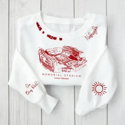 Memorial Stadium (Lincoln) - Nebraska Cornhuskers football Unisex Distressed Monogram Collar Sleeve Embroidery Chain Stitch Sweatshirt