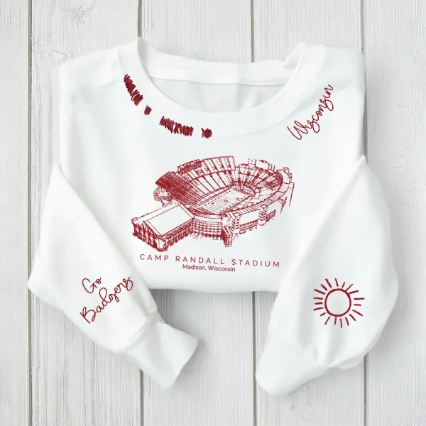Camp Randall Stadium - Wisconsin Badgers football Unisex Distressed Monogram Collar Sleeve Embroidery Chain Stitch Sweatshirt