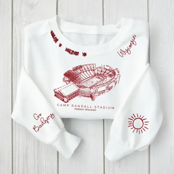 Camp Randall Stadium - Wisconsin Badgers football Unisex Distressed Monogram Collar Sleeve Embroidery Chain Stitch Sweatshirt