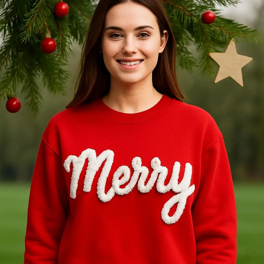 Custom Chenille Yarn Embroidered Merry Sweatshirt