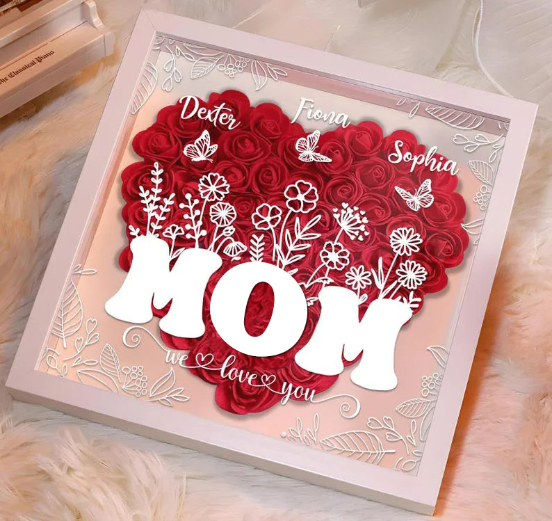 Personalized Flower Heart Shadow Box for Mom, Roses Shadowbox with Kid Names, Custom Frame Gift for Mother's Day, Gift for Mom and Grandma-Creatgifts