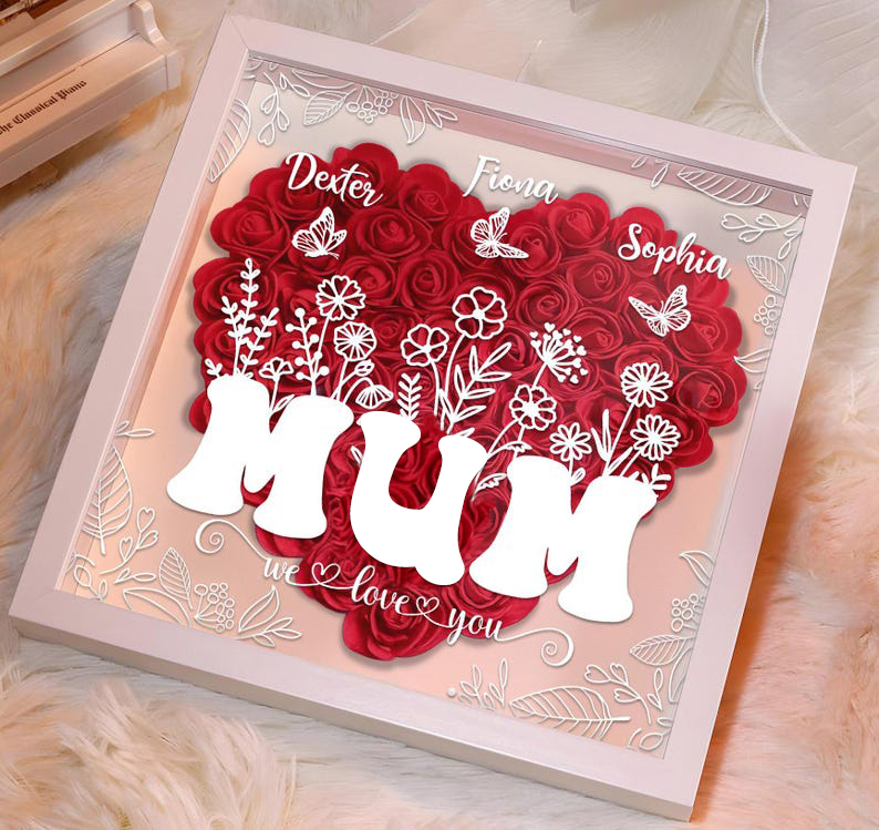 Personalized Flower Heart Shadow Box for Mom, Roses Shadowbox with Kid Names, Custom Frame Gift for Mother's Day, Gift for Mom and Grandma-Creatgifts