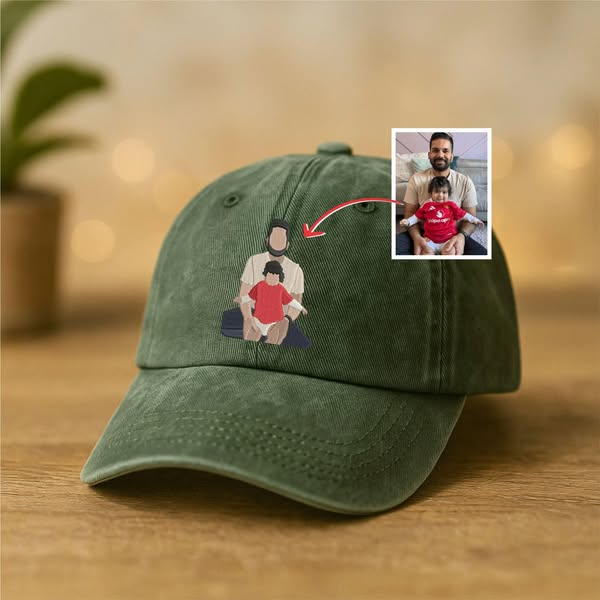 Line Art Portrait Embroidered with Roman Numerals Date on Dad Hat | Couples Embroidery Dad Hat