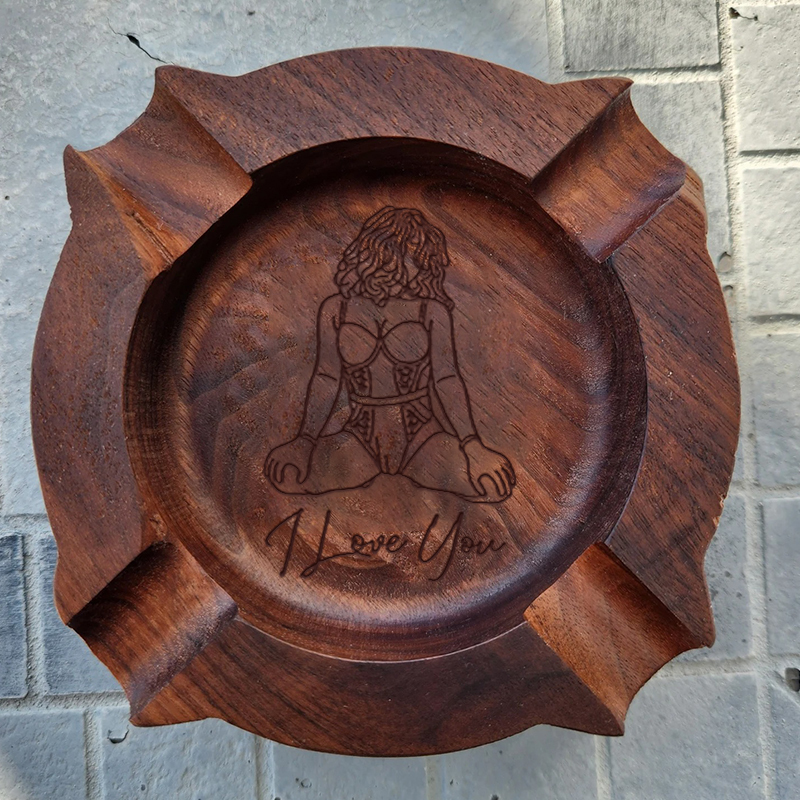 Custom Engraved Cigar Ashtray in Solid Walnut With Sexy Portrait – Perfect Gift for Him 🔥