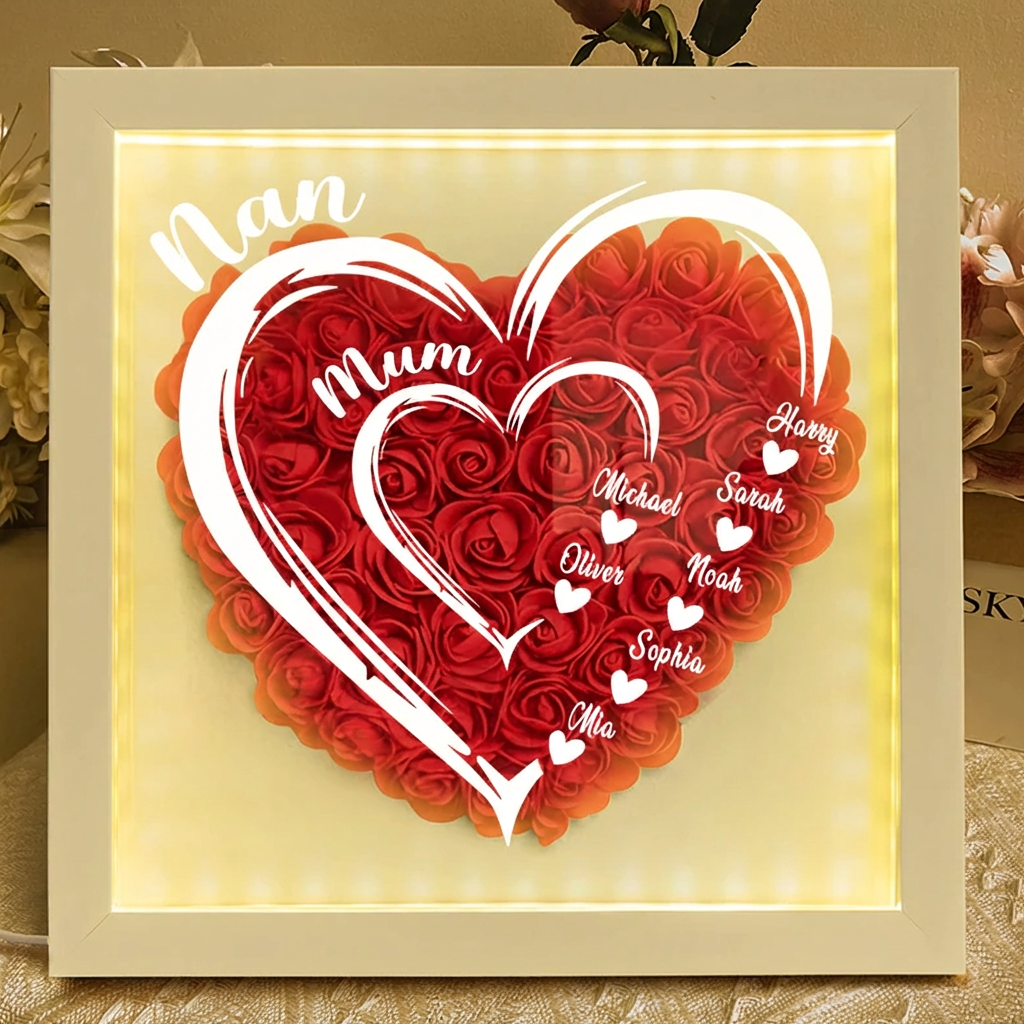 Mom Grandma Hearts Custom Kids' Names - Personalized Flower Shadow Box With LED Light