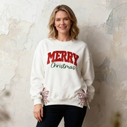 Custom Merry Christmas Glitter Sweatshirt with Bow, Holiday Outfit for Women